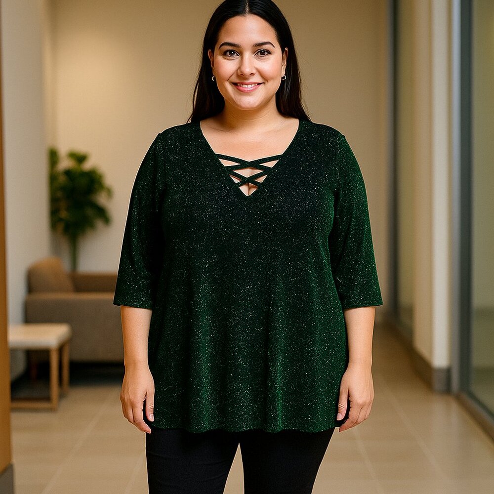 NWT EVANS Sparkle Green Lagun Liquid Knit 22/24 Tunic Stretch‎ Lattice Flare Top